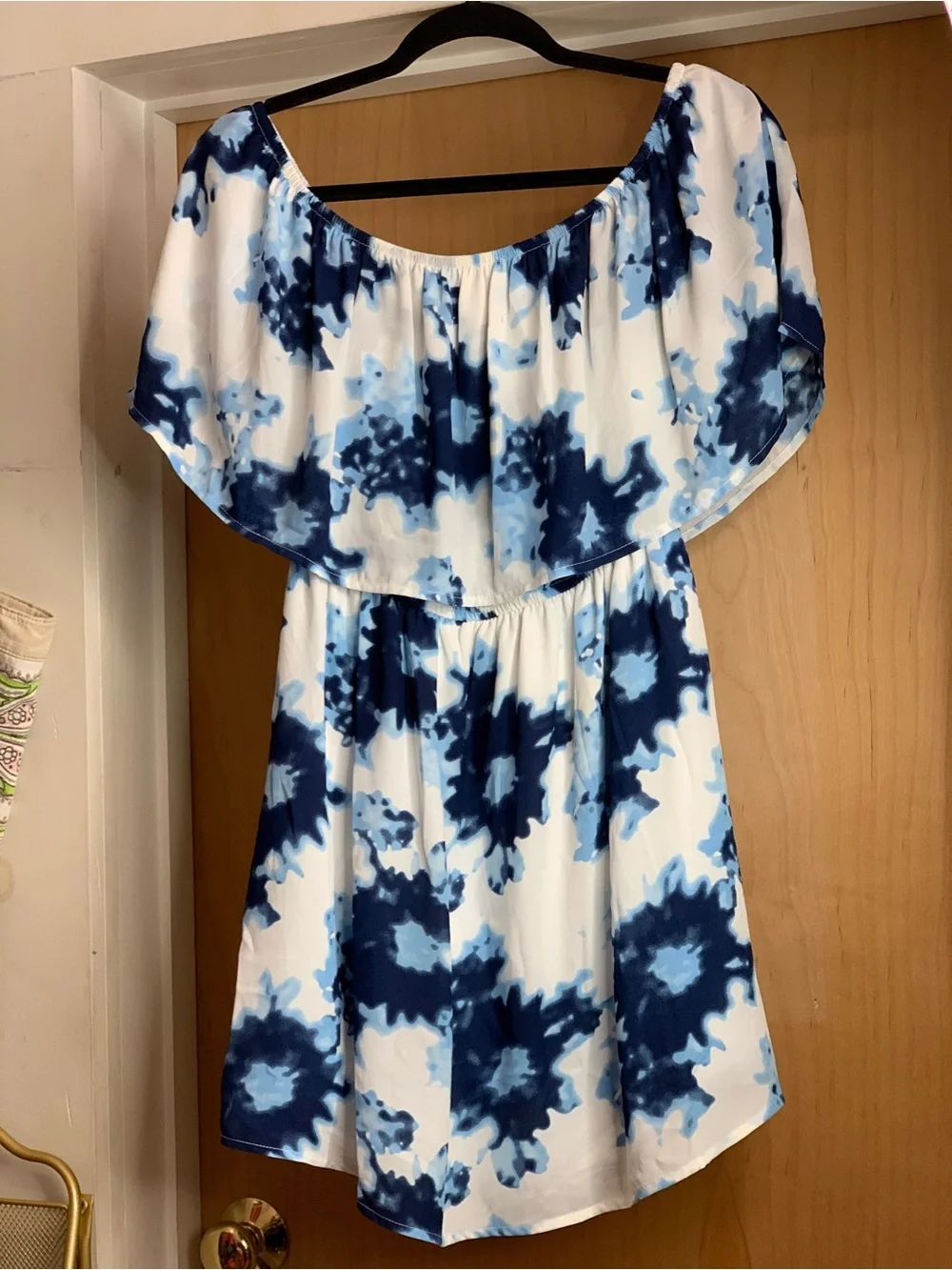 Rokoko Off-Shoulder Blue Tie-Dye Summer Mini Dress Size-Large Coastal Chic
